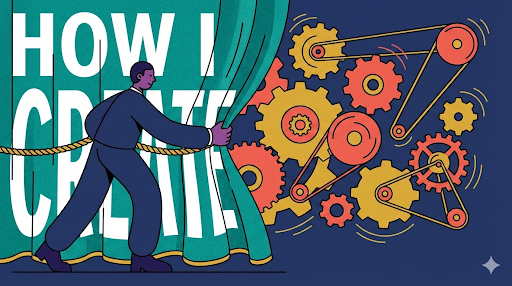 A figure in dark business attire pulls back a teal curtain, revealing an interconnected system of gears and cogs in yellow, coral, and red. Thin lines connect the gears in a mechanical workflow pattern against a dark blue background.