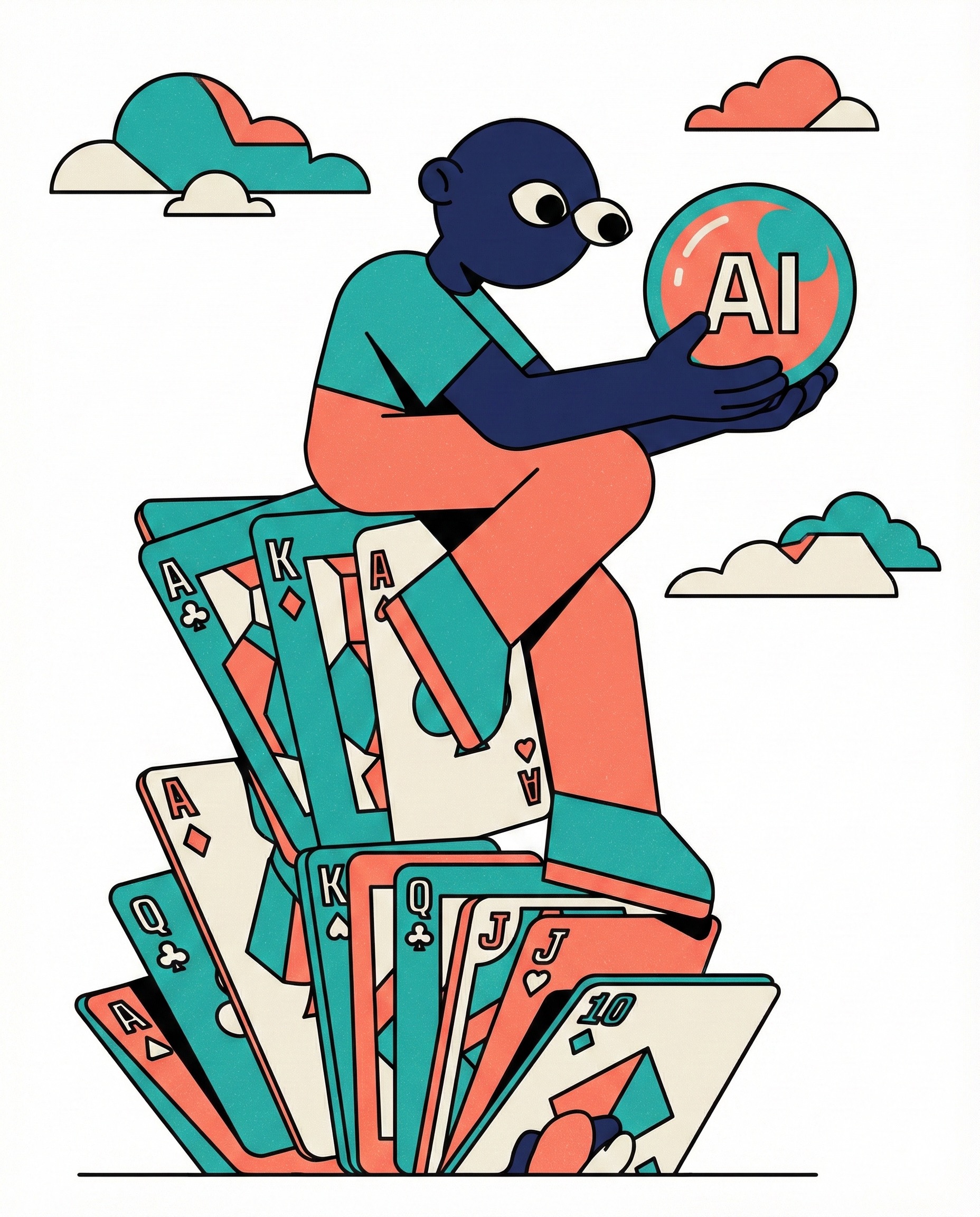 Illustration showing a figure balancing precariously on a chaotic house of cards while holding up an AI globe - visualizing how building AI solutions without understanding user needs creates an unstable foundation destined to collapse.