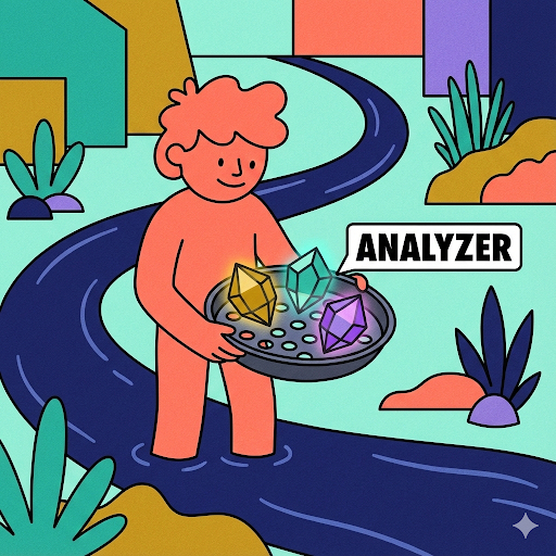 A coral/salmon-colored figure with curly hair stands on a curved dark blue path, holding a shallow pan or tray filled with colorful geometric crystals and stones in gold, teal, purple, and pink. A label reading “ANALYZER” appears in the upper right. Stylized plants and foliage in teal, gold, and purple surround the scene against a light teal background with geometric color blocks. This image represents the Narrative Analyzer step in the workflow—extracting the narrative beats and visual moments from finished prose. The figure is panning for gold, but instead of precious metals, they’re finding crystalline story elements: the concrete, visualizable moments that will become images. The gems represent clarity and value emerging from raw material. The path suggests the journey through the finished article, and the plants evoke the natural, organic process of discovery. This captures how the assistant transforms abstract written concepts into tangible visual prompts.