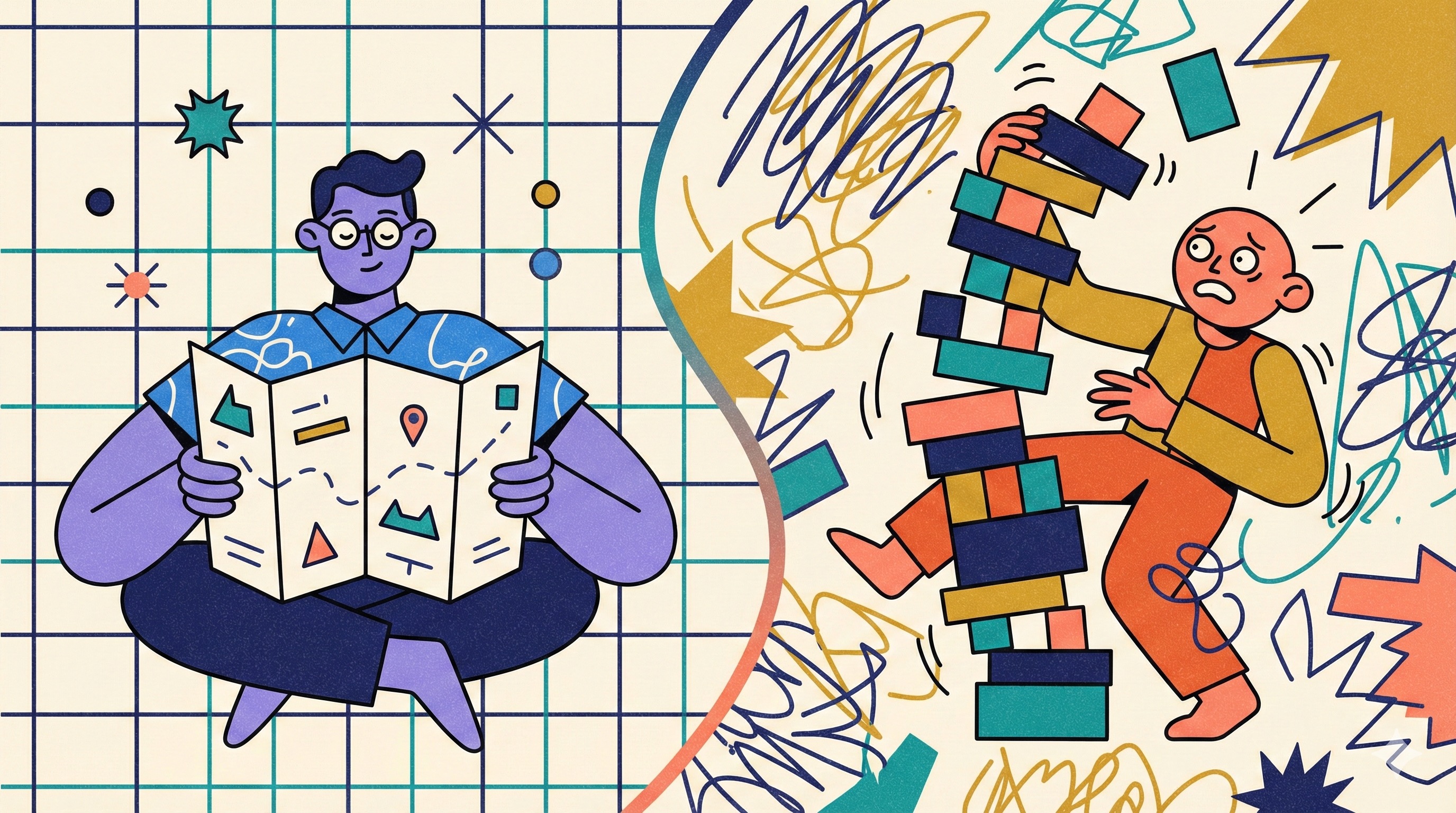 Illustration contrasting two approaches: on the left, a purple figure calmly holding an organized framework document against a grid background; on the right, a coral figure struggling with a chaotic, teetering stack of blocks amid scribbles and chaos - visualizing the difference between methodical discovery and improvised building.