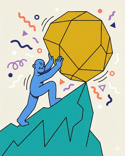 A blue figure strains to push a large golden geometric polyhedron up a teal mountain slope. Abstract shapes—wavy lines, triangles, circles, and dots in coral, purple, and navy—scatter around the scene against a cream background, suggesting effort and creative chaos.